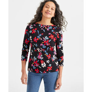 Style & Co. Women's Large Petite Black & Red Floral 100% Cotton Knit Top NWT
